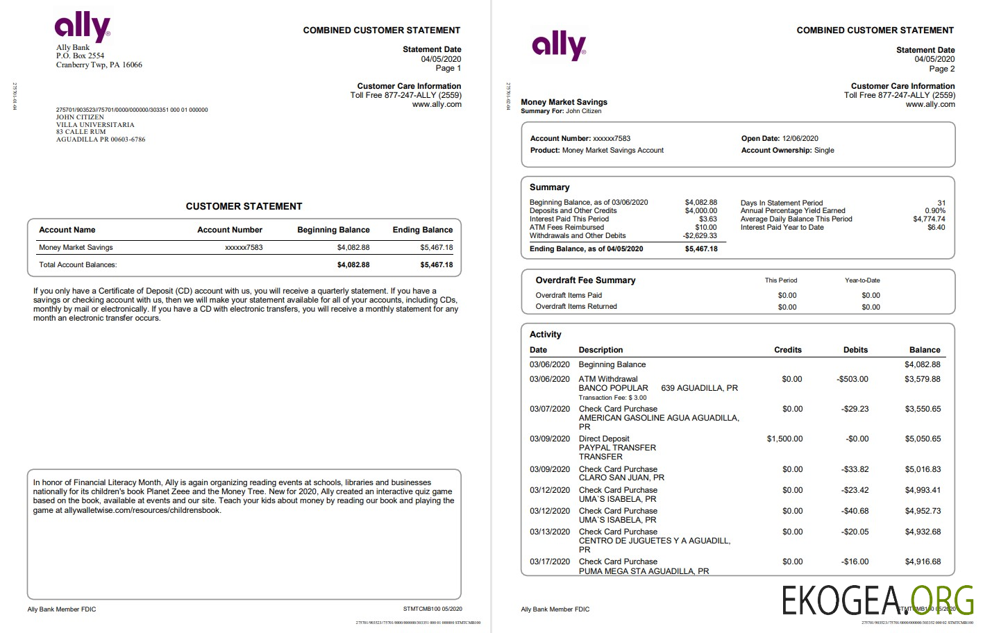 Modèle de relevé USA Ally Bank au format Word et PDF (4 pages)